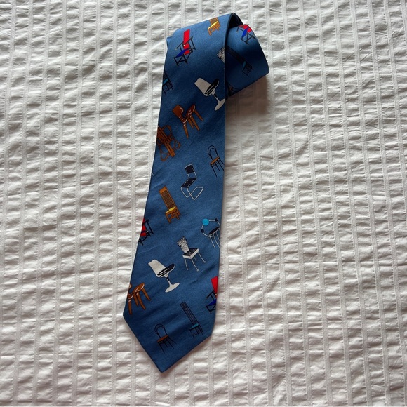 VTG 2000s Acme Studios Adrian Olabuenaga Blue Chair Print Silk Necktie - Picture 2 of 9